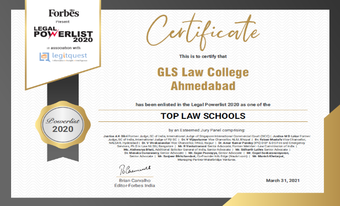 GLS Law College enters the league of top 25 law colleges of Forbes Legal Power List 2020